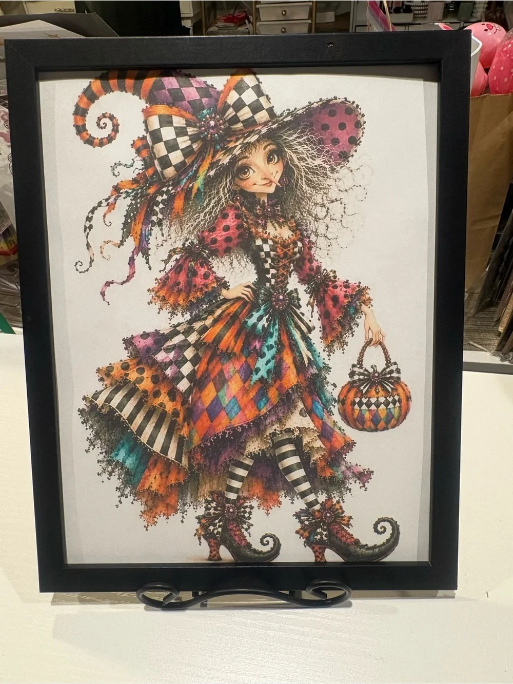 Whimsical Iconic Checkered Halloween Witch Framed 8x10 Art Print